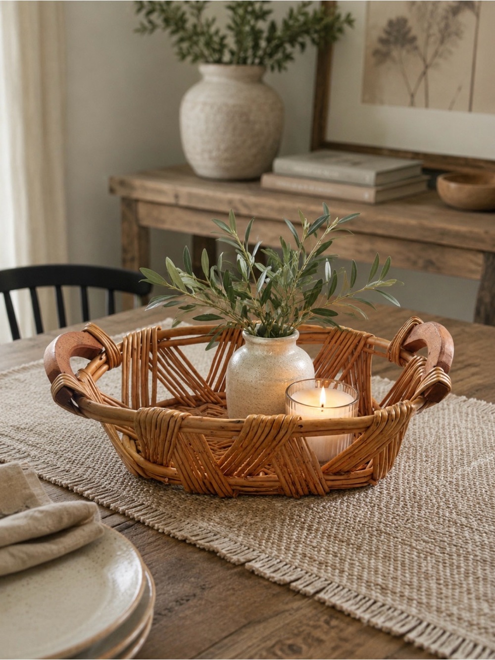 Boho style Wicker Basket with wooden handles in a warm honey color